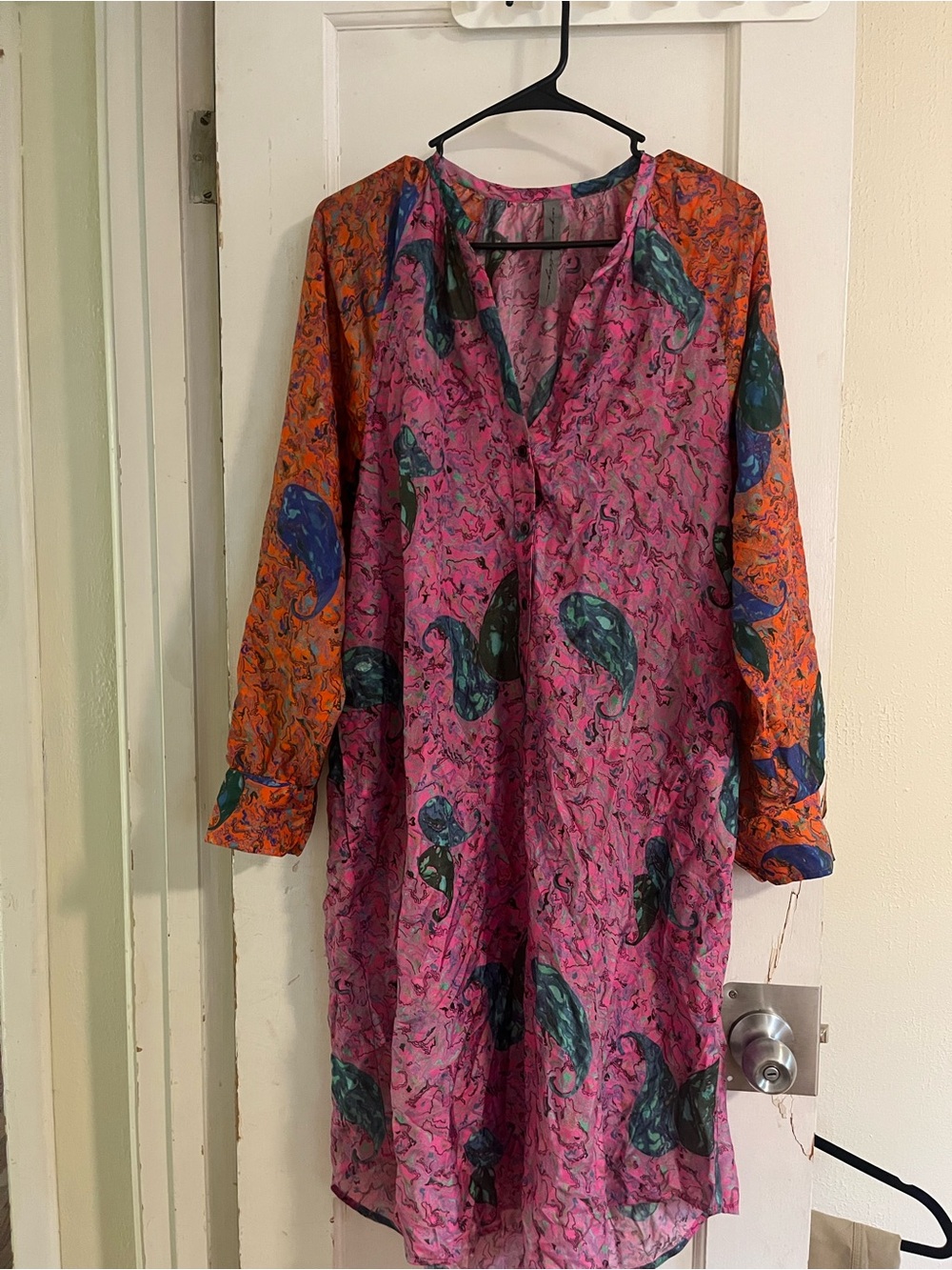 Raquel Allegra Pink Dress with Orange Printed Long Sleeves